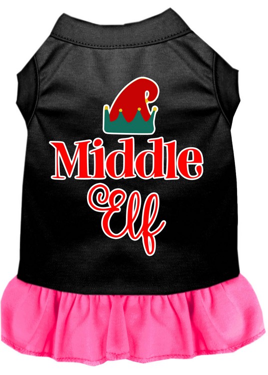 Middle Elf Screen Print Dog Dress Black with Bright Pink Sm